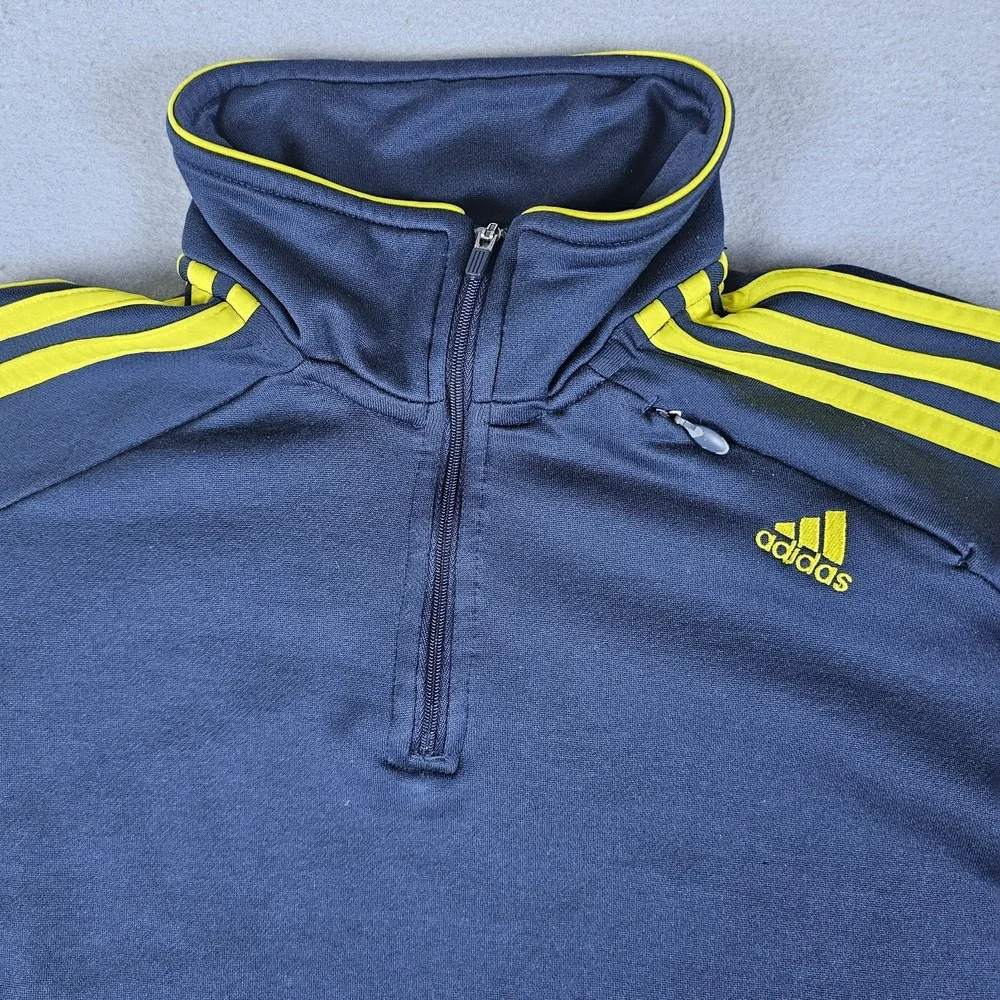 Adidas 1/4 Zip Sweatshirt Mens Large Navy Blue Yellow Pullover Mock Neck Fleece
